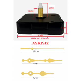Askısız 18 mm Şaft Akar Sessiz Duvar Saati Mekanizması -Metal akrep-yelkovan-saniye