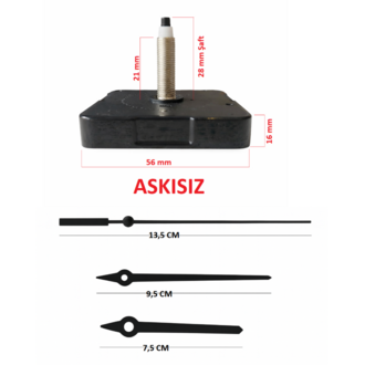 Askısız 28 mm Şaft  Akar Sessiz Duvar Saati Mekanizması -Metal akrep-yelkovan-saniye