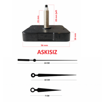 Askısız 28 mm Şaft  Akar Sessiz Duvar Saati Mekanizması -Metal akrep-yelkovan-saniye