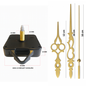 Askılı 22 mm Şaft  Akar Sessiz Duvar Saati Mekanizması -Metal akrep-yelkovan-saniye