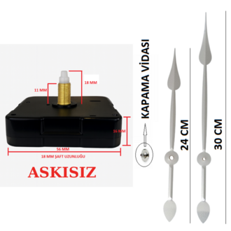 Askısız 18 mm Şaft Akar Sessiz Duvar Saati Mekanizması -Metal akrep-yelkovan-saniye