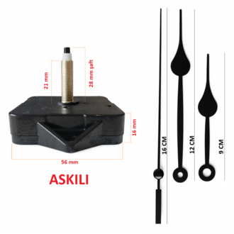 Askılı 28 mm Şaft  Akar Sessiz Duvar Saati Mekanizması -Metal akrep-yelkovan-saniye