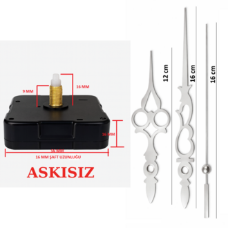 Askısız 16 mm Şaft Akar Sessiz Duvar Saati Mekanizması -Metal akrep-yelkovan-saniye