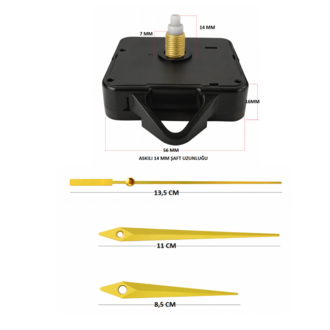 Askılı 14 mm Şaft Akar Sessiz Duvar Saati Mekanizması -Metal akrep-yelkovan-saniye