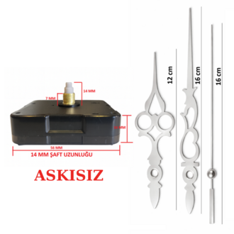 Askısız 14 mm Şaft Akar Sessiz Duvar Saati Mekanizması -Metal akrep-yelkovan-saniye
