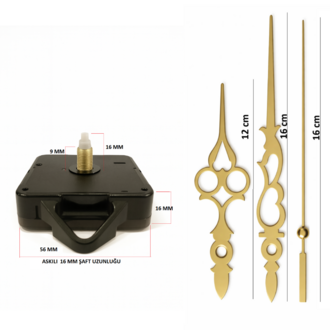 Askılı 16 mm Şaft  Akar Sessiz Duvar Saati Mekanizması -Metal akrep-yelkovan-saniye