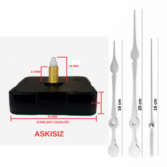 Askısız 18 mm Şaft Akar Sessiz Duvar Saati Mekanizması -Metal akrep-yelkovan-saniye