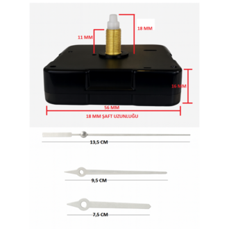 Askısız 18  mm Şaft  Akar Sessiz Duvar Saati Mekanizması -Metal akrep-yelkovan-saniye