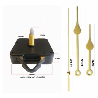 Askılı 22 mm Şaft Akar Sessiz Duvar Saati Mekanizması -Metal akrep-yelkovan-saniye