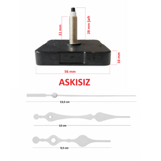Askısız 28 mm Şaft  Akar Sessiz Duvar Saati Mekanizması -Metal akrep-yelkovan-saniye