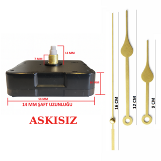 Askısız 14 mm Şaft Akar Sessiz Duvar Saati Mekanizması -Metal akrep-yelkovan-saniye