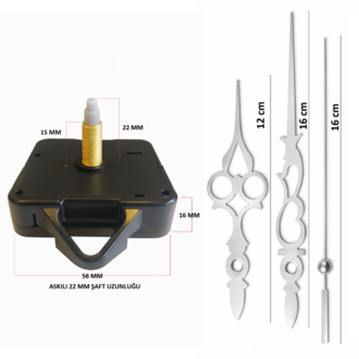 Askılı 22 mm Şaft  Akar Sessiz Duvar Saati Mekanizması -Metal akrep-yelkovan-saniye