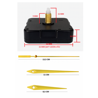 Askısız 16 mm Şaft Akar Sessiz Duvar Saati Mekanizması -Metal akrep-yelkovan-saniye