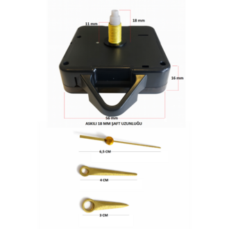 Askılı 18 mm Şaft Akar Sessiz Duvar Saati Mekanizması -Metal akrep-yelkovan-saniye