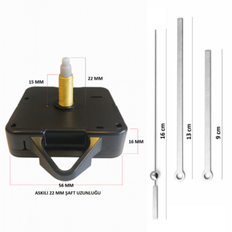 Askılı 22 mm Şaft Akar Sessiz Duvar Saati Mekanizması -Metal akrep-yelkovan-saniye