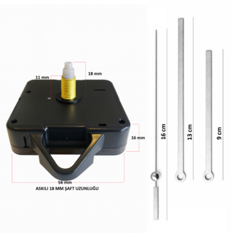 Askılı 18 mm Şaft Akar Sessiz Duvar Saati Mekanizması -Metal akrep-yelkovan-saniye