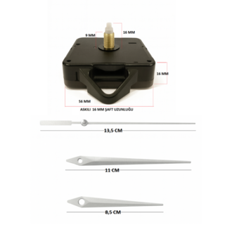 Askılı 16 mm Şaft  Akar Sessiz Duvar Saati Mekanizması -Metal akrep-yelkovan-saniye