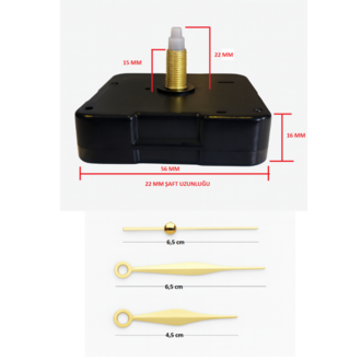 Askısız 22 mm Şaft Akar Sessiz Duvar Saati Mekanizması -Metal akrep-yelkovan-saniye