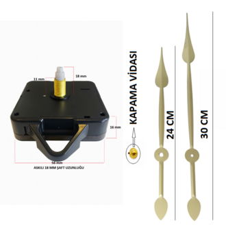 Askılı 18 mm Şaft  Akar Sessiz Duvar Saati Mekanizması -Metal akrep-yelkovan-saniye