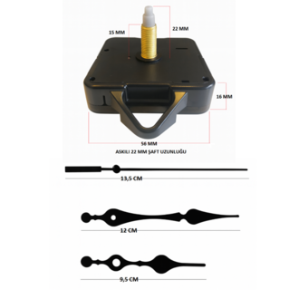 Askılı 22 mm Şaft Akar Sessiz Duvar Saati Mekanizması -Metal akrep-yelkovan-saniye