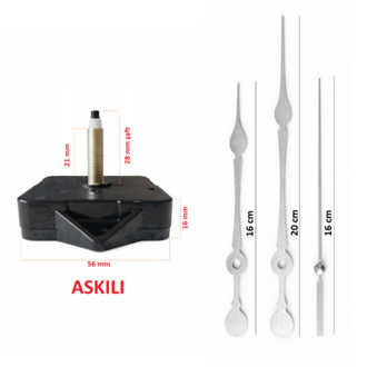 Askılı 28 mm Şaft  Akar Sessiz Duvar Saati Mekanizması -Metal akrep-yelkovan-saniye