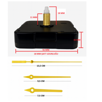 Askısız 18  mm Şaft  Akar Sessiz Duvar Saati Mekanizması -Metal akrep-yelkovan-saniye