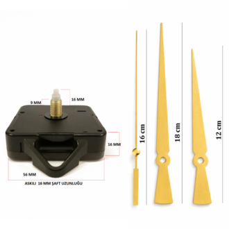 Askılı 16 mm Şaft Akar Sessiz Duvar Saati Mekanizması -Metal akrep-yelkovan-saniye