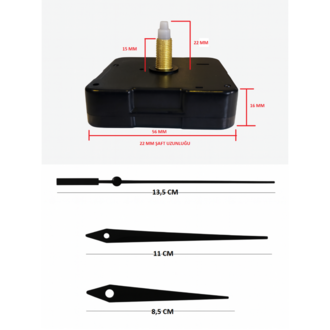 Askısız 22 mm Şaft  Akar Sessiz Duvar Saati Mekanizması -Metal akrep-yelkovan-saniye