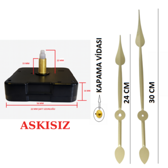 Askısız 22 mm Şaft Akar Sessiz Duvar Saati Mekanizması -Metal akrep-yelkovan-saniye