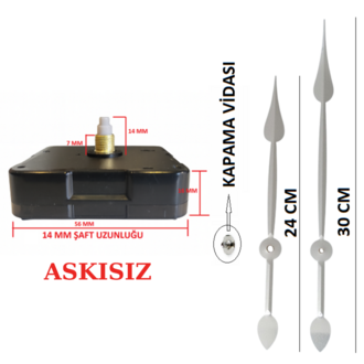 Askısız 14 mm Şaft Akar Sessiz Duvar Saati Mekanizması -Metal akrep-yelkovan-saniye