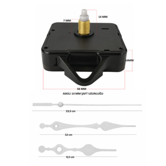 Askılı 14 mm Şaft Akar Sessiz Duvar Saati Mekanizması -Metal akrep-yelkovan-saniye