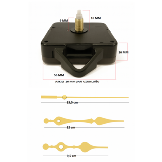 Askılı 16 mm Şaft  Akar Sessiz Duvar Saati Mekanizması -Metal akrep-yelkovan-saniye
