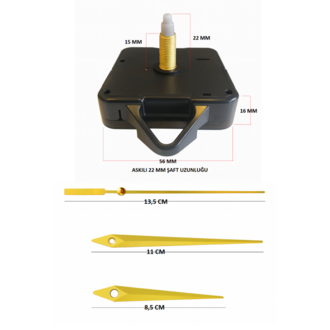 Askılı 22 mm Şaft Akar Sessiz Duvar Saati Mekanizması -Metal akrep-yelkovan-saniye