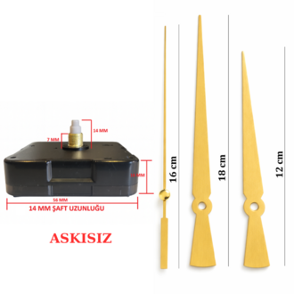 Askısız 14 mm Şaft Akar Sessiz Duvar Saati Mekanizması -Metal akrep-yelkovan-saniye