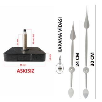 Askısız 28 mm Şaft  Akar Sessiz Duvar Saati Mekanizması -Metal akrep-yelkovan-saniye