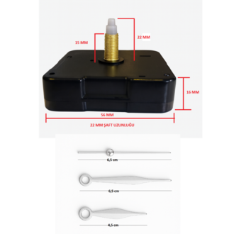 Askısız 22 mm Şaft Akar Sessiz Duvar Saati Mekanizması -Metal akrep-yelkovan-saniye