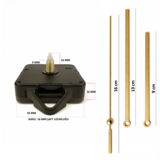 Askılı 16 mm Şaft Akar Sessiz Duvar Saati Mekanizması -Metal akrep-yelkovan-saniye