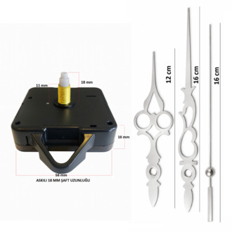 Askılı 18 mm Şaft Akar Sessiz Duvar Saati Mekanizması -Metal akrep-yelkovan-saniye