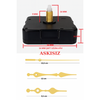 Askısız 16 mm Şaft Akar Sessiz Duvar Saati Mekanizması -Metal akrep-yelkovan-saniye
