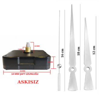 Askısız 14 mm Şaft Akar Sessiz Duvar Saati Mekanizması -Metal akrep-yelkovan-saniye