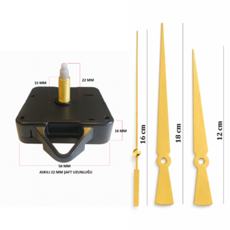 Askılı 22 mm Şaft  Akar Sessiz Duvar Saati Mekanizması -Metal akrep-yelkovan-saniye