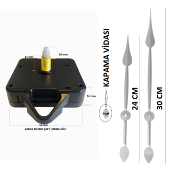 Askılı 18 mm Şaft  Akar Sessiz Duvar Saati Mekanizması -Metal akrep-yelkovan-saniye