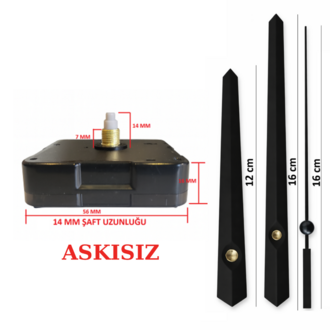 Askısız 14 mm Şaft  Akar Sessiz Duvar Saati Mekanizması -Metal akrep-yelkovan-saniye