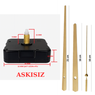 Askısız 16 mm Şaft Akar Sessiz Duvar Saati Mekanizması -Metal akrep-yelkovan-saniye