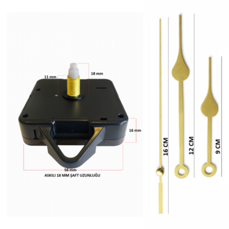 Askılı 18 mm Şaft Akar Sessiz Duvar Saati Mekanizması -Metal akrep-yelkovan-saniye