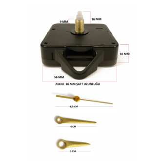 Askılı 16 mm Şaft Akar Sessiz Duvar Saati Mekanizması -Metal akrep-yelkovan-saniye
