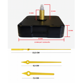 Askısız 22 mm Şaft Akar Sessiz Duvar Saati Mekanizması -Metal akrep-yelkovan-saniye
