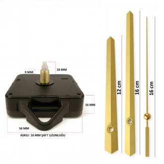 Askılı 16 mm Şaft  Akar Sessiz Duvar Saati Mekanizması -Metal akrep-yelkovan-saniye