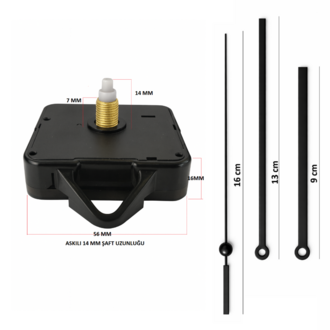 Askılı 14 mm Şaft Akar Sessiz Duvar Saati Mekanizması -Metal akrep-yelkovan-saniye