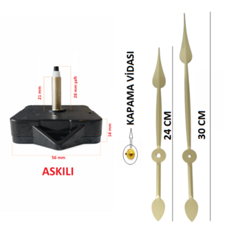 Askılı 28 mm Şaft Akar Sessiz Duvar Saati Mekanizması -Metal akrep-yelkovan-saniye
